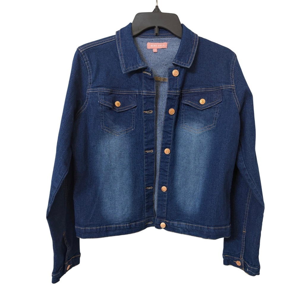 BCBG Girls Denim Jacket Girls Size 16 Dark Wash Stretch Rose Gold Buttons